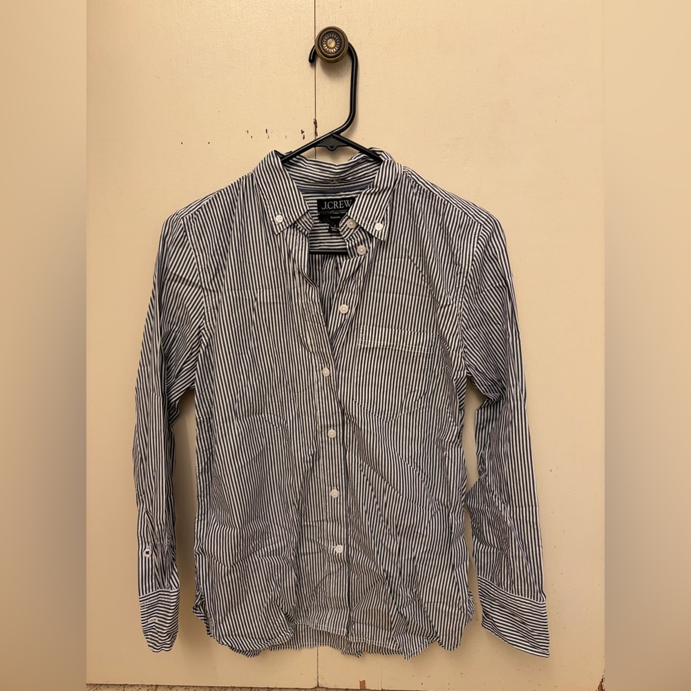 J Crew classic navy and white stripe button down shirt
